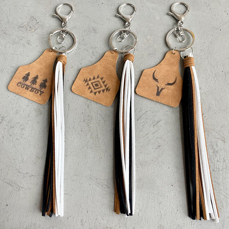 Wholesale Western Aztec Bull Head Keychain Genuine Leather Tassel ...